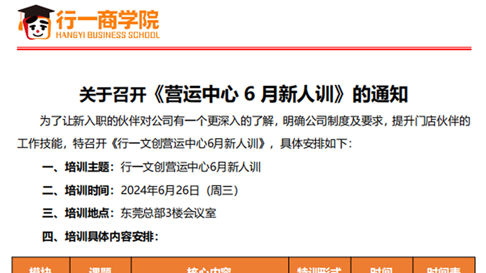 关于召开《行一文创营运中心 6 月新人训》的通知